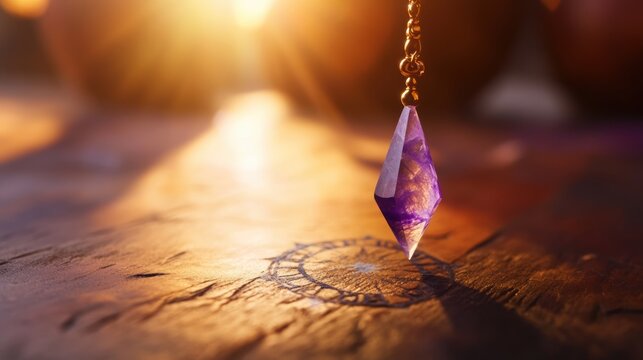 crystal pendulum, bathed in warm, glowing light, symbolizing energy healing and spiritual balance