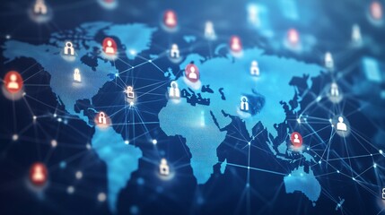 Obraz premium Global Network of Interconnected People on a Blue World Map