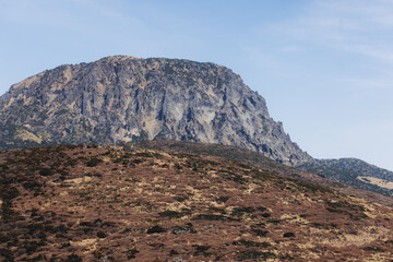 Hallasan National Park, Jeju island, South Korea, spring landscape view of Yeongsil trail, Halla volcano peak, trekking and climbing to Halla mountain, travel and hiking in Korea, Jeju-do, sunny day