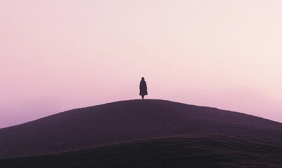 Minimalist silhouette of a lone person standing on a hilltop at dusk, with a gradient sky and soft shadows, capturing the essence of solitude and introspection