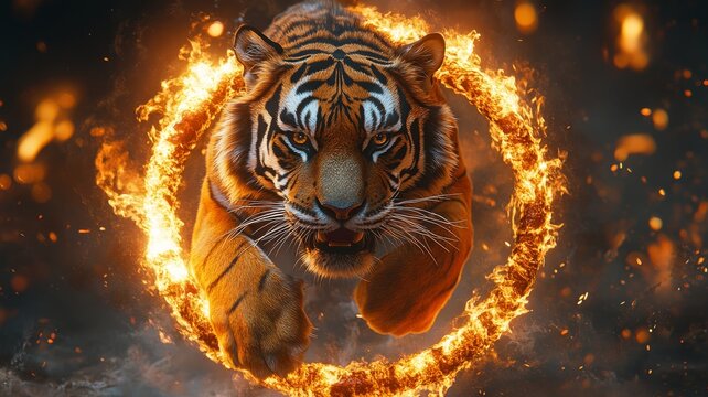 A close-up illustration of a performing tiger jumping through a flaming hoop, with dynamic lines and bright colors to emphasize the action and intensity of the moment