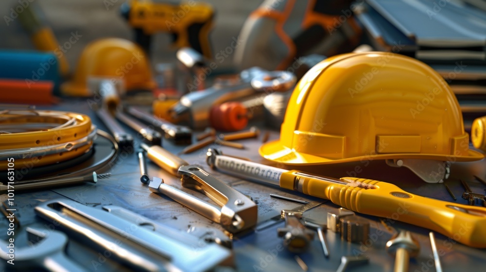 Aufkleber A repair team is actively using various tools and materials for maintenance tasks at a construction site in bright daylight. Generative AI
