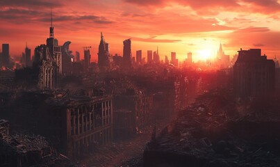 The sun sets over an apocalyptic city with a skyline of crumbling buildings and widespread ruins, casting an eerie light on a landscape of past human civilization in disarray
