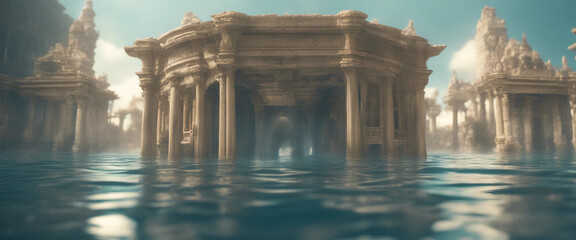 Parts of ancient architecture stand under water 3D rendering