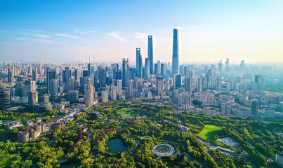 Obraz premium Aerial view of dense cityscape with modern skyscrapers and greenery