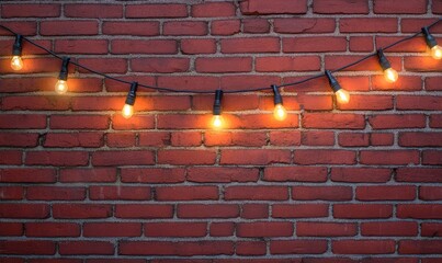Light garlands hanging on a red brick wall in the evening