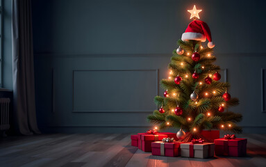 christmas tree with gifts, pine tree, christmas tree with lighting, gifts,and balls