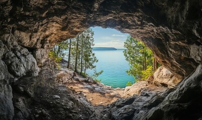 Obraz premium Cave View to the Lake