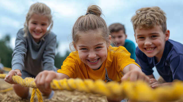 A team-building game where adults and children work together to complete a physical obstacle course – A dramatic image of determination, cooperation, and responsibility, emphasizin - Powered by Adobe