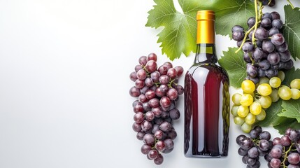 Red wine bottle and grapes, alcohol drink on white background with copy space