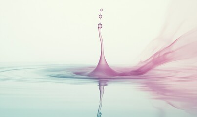 Minimalist abstract shot of a single drop of ink in clear water, with swirling patterns and soft gradients creating a modern, elegant scene