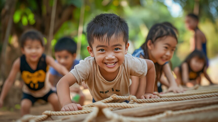 A team-building game where adults and children work together to complete a physical obstacle course – A dramatic image of determination, cooperation, and responsibility, emphasizin