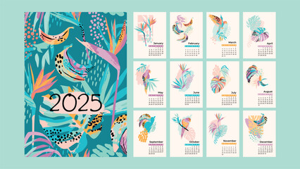 2025 calendar with abstract parrots and plants. Artistic illustrations. Vector template