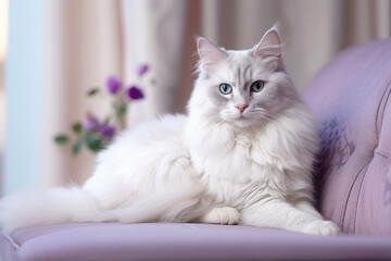 Portrait of beautiful white cat at home, realistic, minimalism, clouse up. Looking in the camera