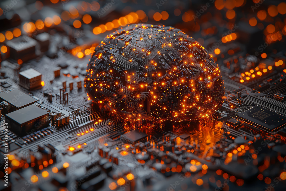 Poster a brain made of interconnected lights, blending seamlessly with a computer circuit board. concept of