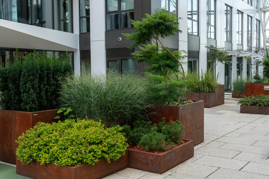 Contemporary office building features large, planters filled with lush greenery, creating a natural urban environment. Landscaping, beautiful flowerbeds in an urban environment. High quality photo