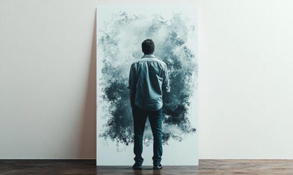 A man stands in front of a large mirror, looking into it