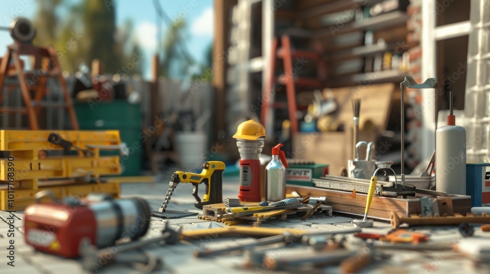 Aufkleber A repair team is actively using various tools and materials at a construction site in broad daylight to complete their tasks. Generative AI