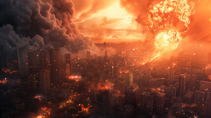 War photo showing a destroyed city, ruins, explosions, wreck and smoke everywhere. Burning and damaged houses, structures and cars after the bombing