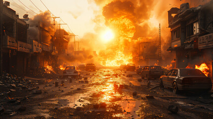 War photo showing a destroyed city, ruins, explosions, wreck and smoke everywhere. Burning and damaged houses, structures and cars after the bombing