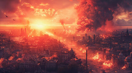 War photo showing a destroyed city, ruins, explosions, wreck and smoke everywhere. Burning and damaged houses, structures and cars after the bombing