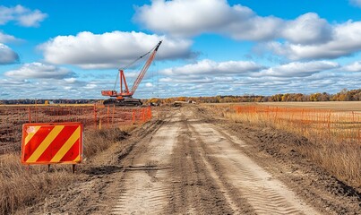 Fototapeta premium Cranes in distance and construction sign fencing in foreground with big sky copy space