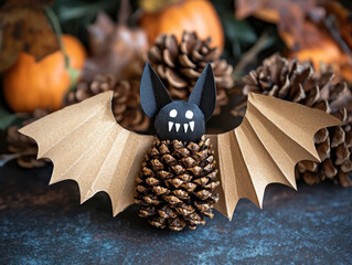 a photograph of a fun DIY Halloween craft featuring a cute pinecone bat with paper wings and pointy ears, spooky vampire look. Whimsical autumn decoration that's easy and family-friendly.