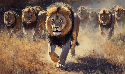 A powerful male lion strides ahead, leading a group of lions through the dry, sunlit grasslands, presenting grandeur and the essence of untamed African wildlife