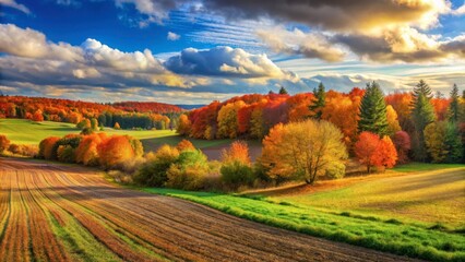 Naklejka premium Weather storyline. Golden autumn fields and vibrant forests, ideal for seasonal travel blogs, landscape photography websites, and fall-themed postcards