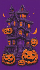 The graphic t-shirt design style consists of Halloween haunted house pumpkin heads on violet backgro
