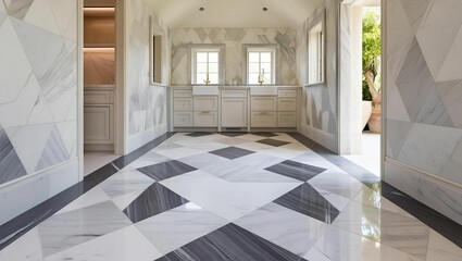 Modern Elegance in Marble, The interior of a small, chic villa features geometric marble patterns across the floor. The triangles and hexagons