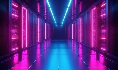 Fototapeta premium Abstract data center room with bright neon blue and pink light glowing server blocks