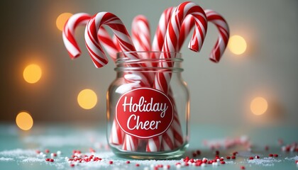 A festive Christmas scene featuring a glass jar filled with candy canes labeled Holiday Cheer, creating a sweet and joyful holiday atmosphere.