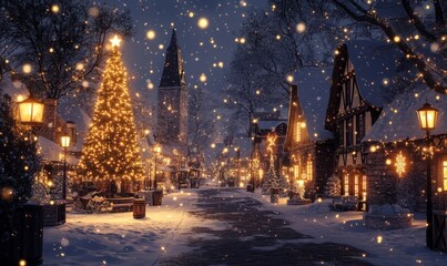 Fototapeta premium Glowing Holiday Lanterns Lighting Up a Snowy Village Square on Christmas Eve