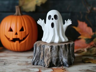 Halloween Craft of Plaster Ghost with Stump and Pumpkin