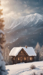 Fototapeta premium Winter landscape with wooden house and snowy mountains Postcard collage with DOF bokeh light vertica