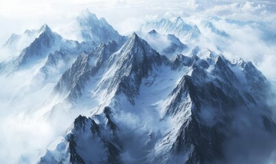 Obraz premium Aerial view of a dramatic mountain range, with jagged peaks dusted with snow and misty clouds swirling around the summits