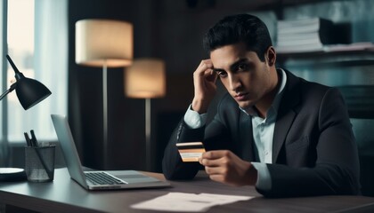 Young businessman upset and worried about problems and worry with credit card and mobile phone, sitting at office desk, concern