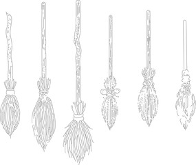 Vector set of hand drawn magic items flying broom Occult theme halloween clip art witch magic symbols. Line drawing minimalistic black outline ink style engraving graphics primitive flat illustration