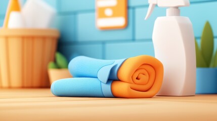 A serene modern bathroom setting features neatly rolled towels beside a cleaning spray bottle, evoking a sense of order, cleanliness, and freshness in home environments.