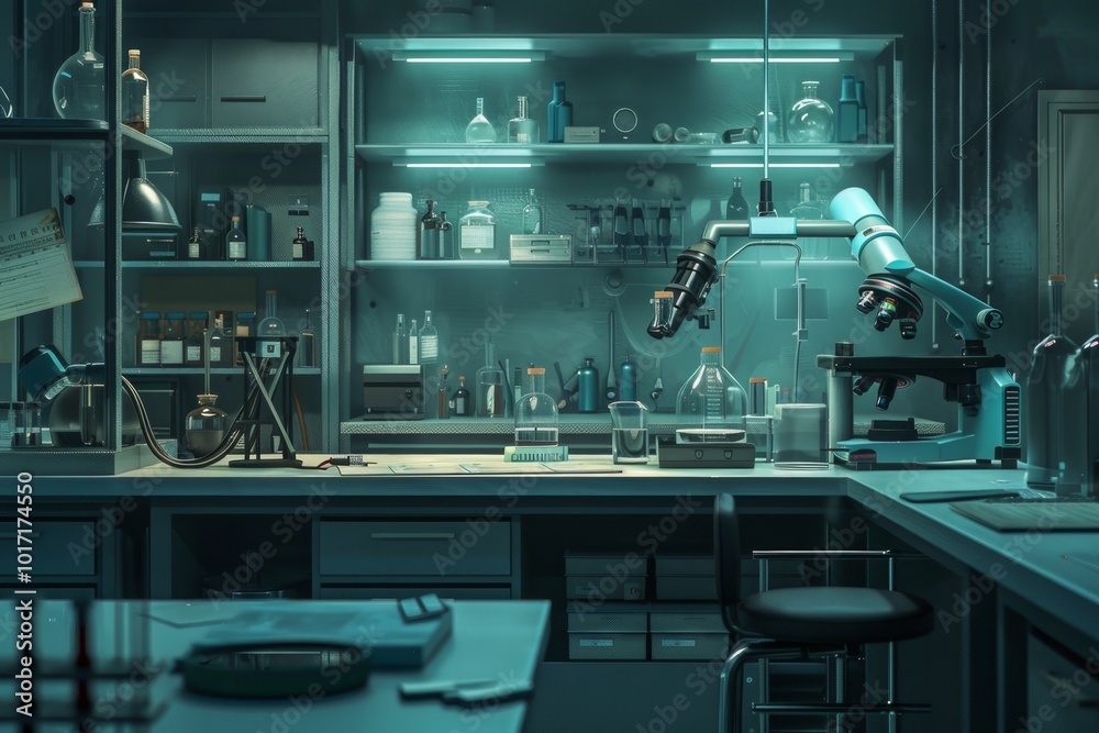 Aufkleber the laboratory is illuminated with green light, showcasing various glass containers and a microscope