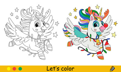 Kids Christmas coloring cute unicorn with wings vector © alinart