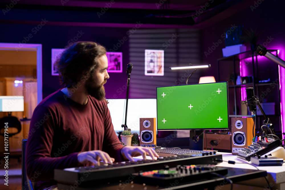 Leinwandbilder Audio engineer learning to work on electronic keyboard in home studio, using mixing console and midi controller and watching tutorials. Producer playing piano notes, greenscreen display on pc.