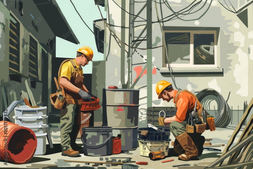 Aufkleber a repair team utilizes various tools and materials to address electrical work outside, showcasing te