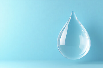 Fototapeta premium Large drop of liquid water, oil, rain on blue background. Macro water drop falling on water. Cosmetic moisturizing concept. Save clean water, ecology concept Water conservation