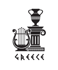 ancient greek symbol with column, amphora and lyre isolated on white background