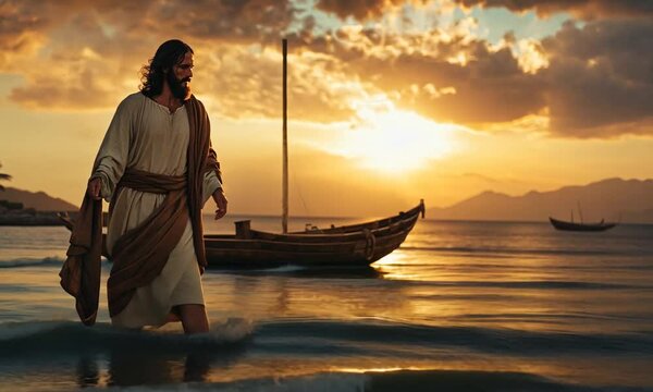 Walk on Water, Jesus Christ walking on the sea of Galilee with beams of light