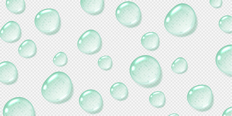 Mint serum drops, transparent gel droplets, realistic glossy liquid, moisturizing cosmetic product, hyaluronic acid or fresh gel toothpaste concept. Vector illustration.