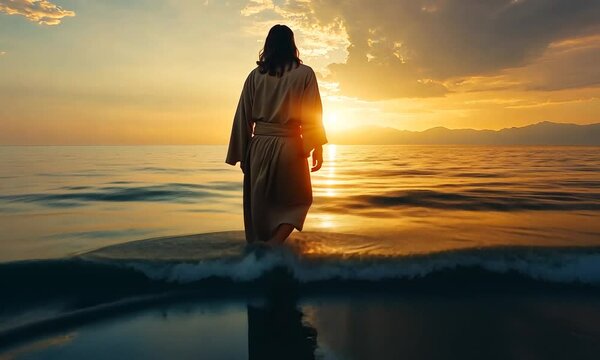 The figure of Jesus walks on water on a beautiful dramatic sunset background