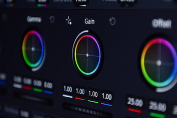Color wheels video editing program color correction and color grading. Subject: VFX, video editing.